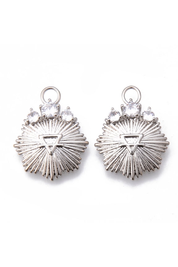 Brass Micro Pave Clear Cubic Zirconia Pendants Nickel Free Flower with Inverted Triangle Platinum 23x18x3.5mm Hole: 1.2mm Brass+Cubic Zirconia