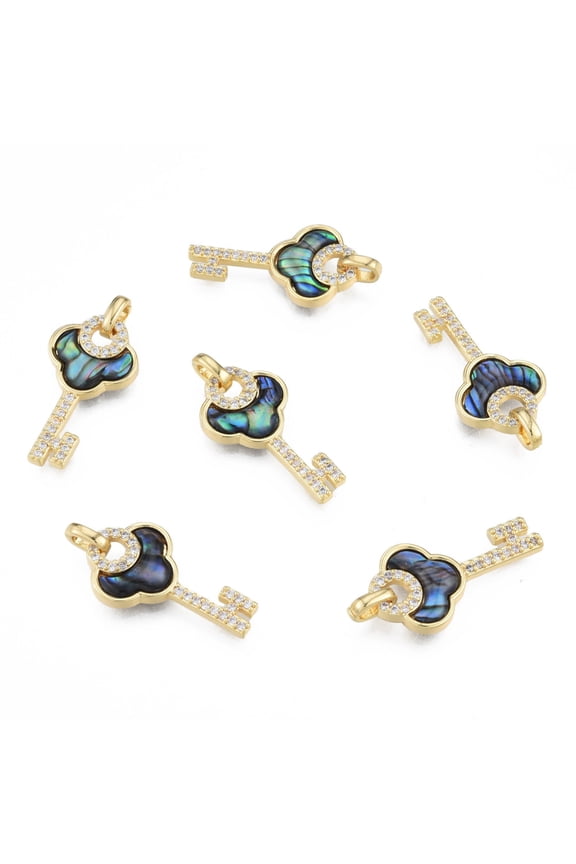 Brass Micro Pave Clear Cubic Zirconia Pendants with Abalone Shell/Paua Shells Real 18K Gold Plated Nickel Free Key Colorful 24x13x3mm