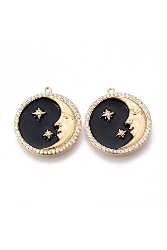 Brass Micro Pave Clear Cubic Zirconia Pendants with Enamel Nickel Free Real 18K Gold Plated Flat Round with Moon & Star Black 25x22.5x3mm Hole: 1.4mm