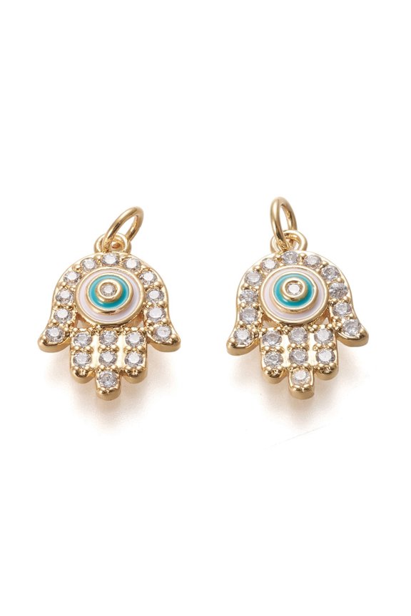 Brass Micro Pave Clear Cubic Zirconia Pendants with Enamel and Jump Rings Long-Lasting Plated Hamsa Hand Real 18K Gold Plated
