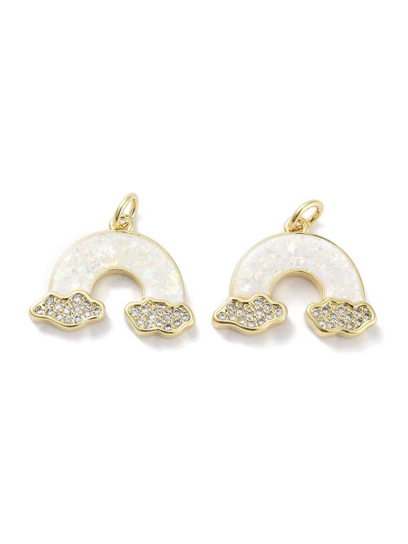 Brass Micro Pave Clear Cubic Zirconia Pendants with Opal and Jump Rings Real 18K Gold Plated Rainbow Charms White 15.5x20x2.5mm Hole: 3mm