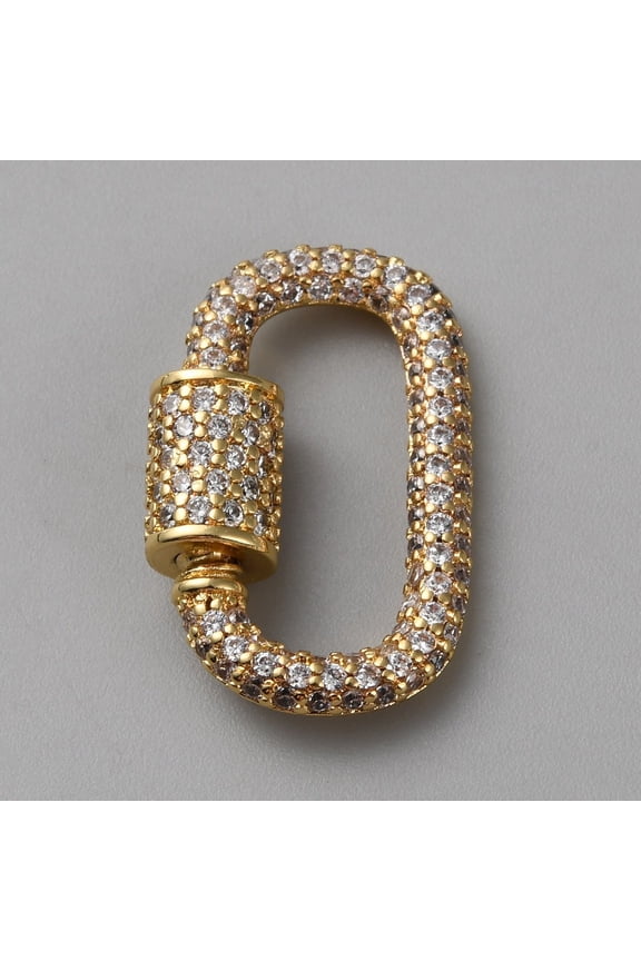 Brass Micro Pave Clear Cubic Zirconia Screw Carabiner Lock Charms for Necklaces Making Quick Links Oval Golden 24x14.5x3~6mm