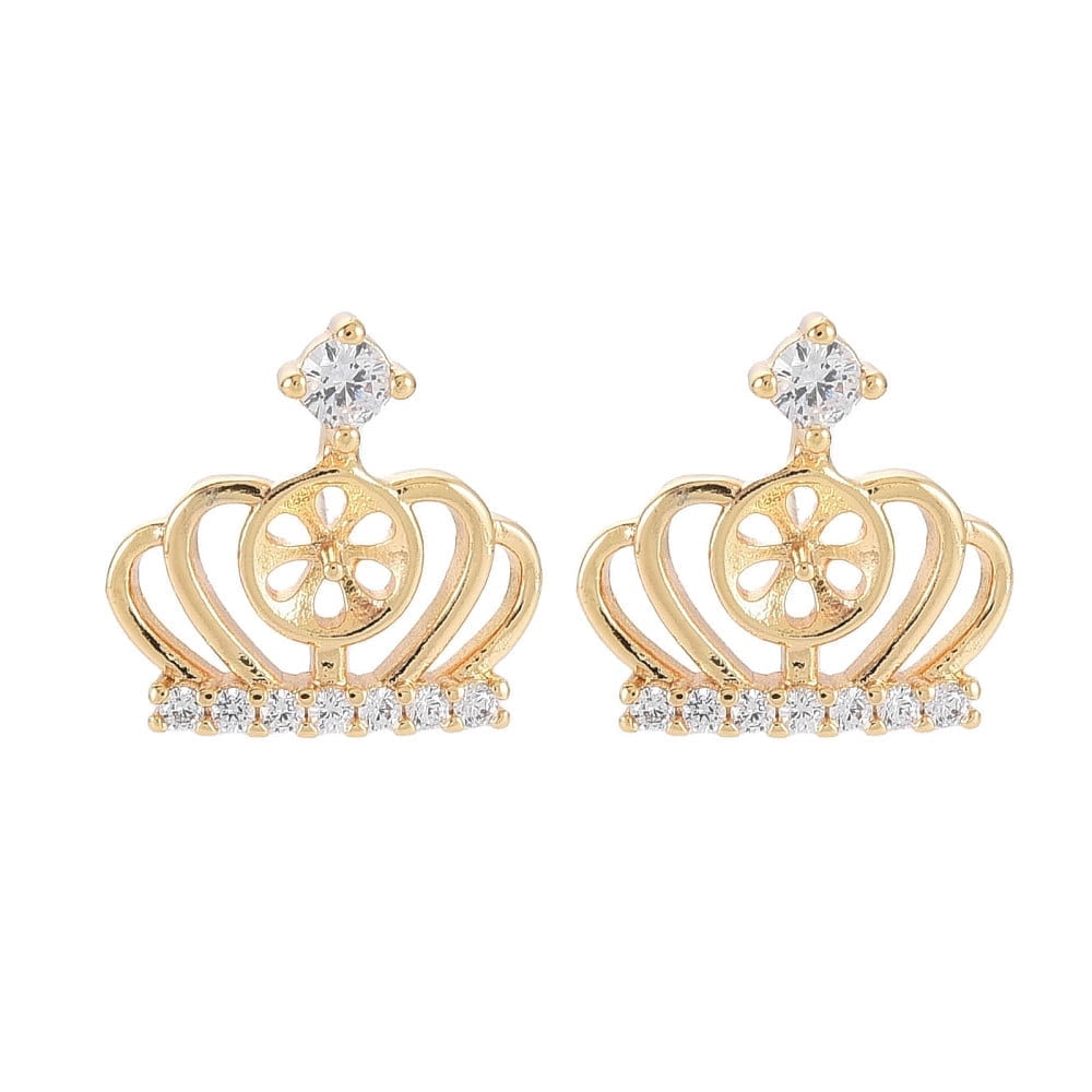 Brass Micro Pave Clear Cubic Zirconia Stud Earring Findings for Half Drilled Beads Nickel Free Crown Real 18K Gold Plated 14x14.5mm Pin: 0.6mm pin: 0.7mm(for half drilled beads)