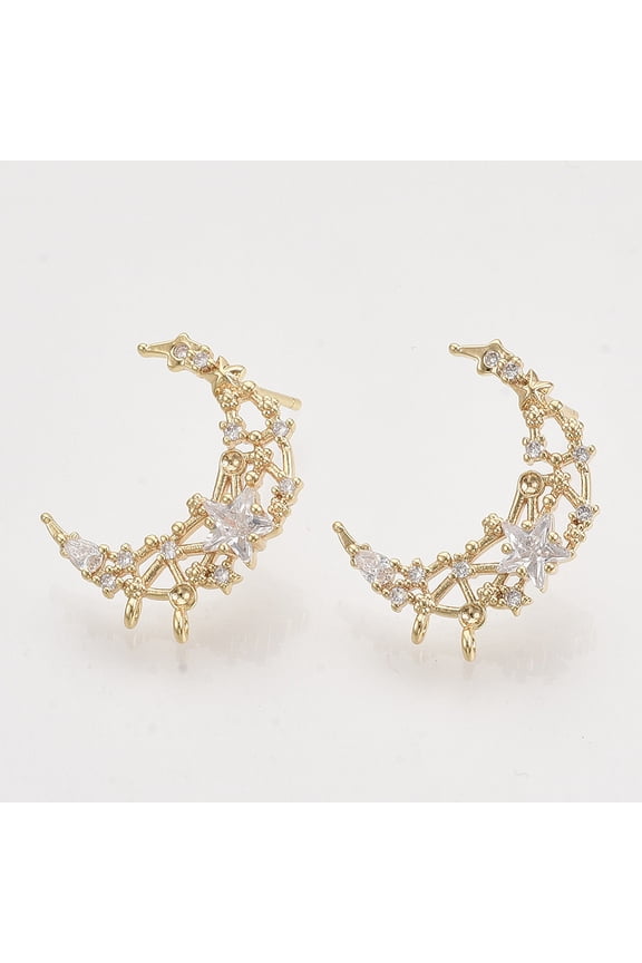 Brass Micro Pave Clear Cubic Zirconia Stud Earring Findings Rhinestone Settings with Loop Moon with Star Real 18K golden Plated 19.5x15.5mm