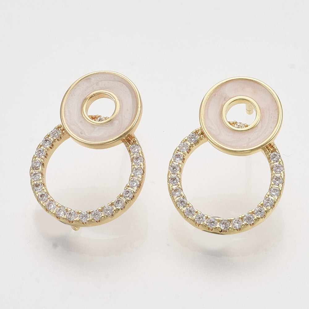 Brass Micro Pave Clear Cubic Zirconia Stud Earring Findings with Enamel and Loop 19.5x14.5mm Hole: 0.8mm Pin: 0.8mm