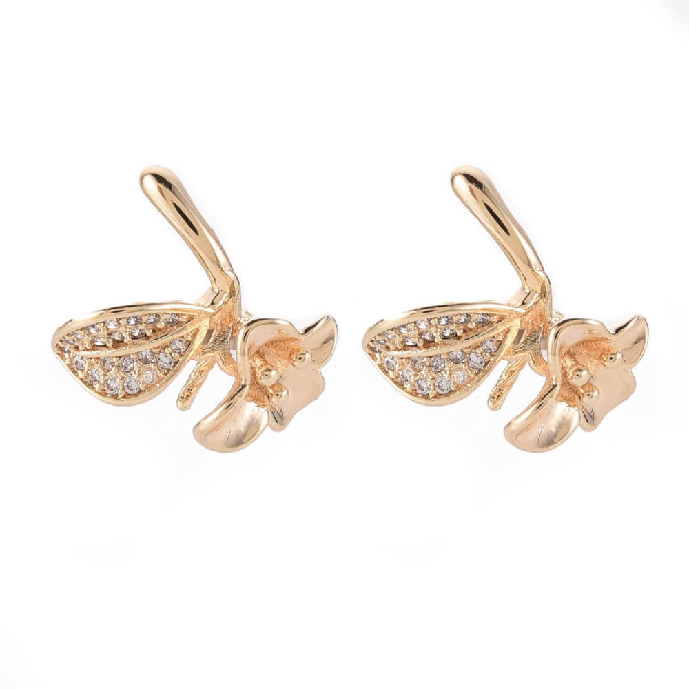 Brass Micro Pave Clear Cubic Zirconia Stud Earrings Findings for Half Drilled Bead Nickel Free Flower Real 18K Gold Plated 16x14.5mm Pin: 0.8mm Pin: 0.8mm(for Hald Drilled Beads)