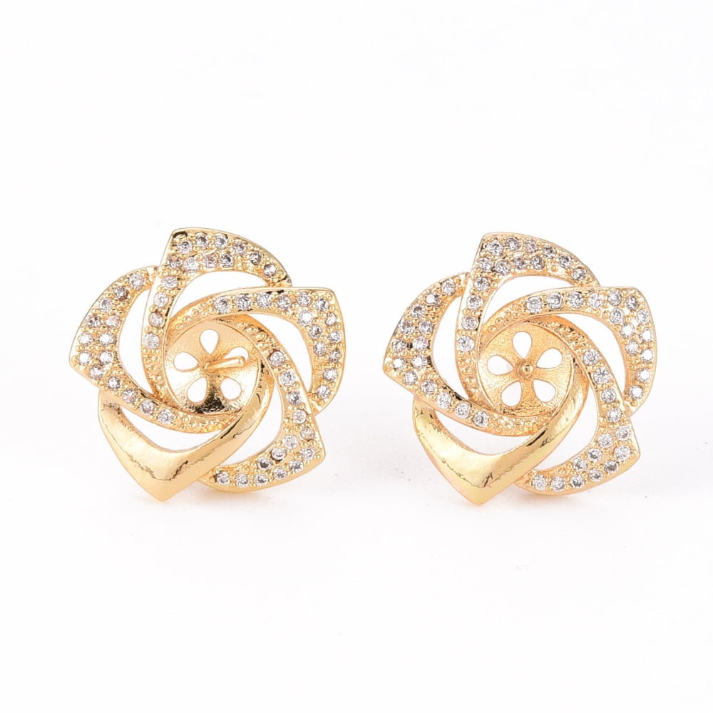 Brass Micro Pave Clear Cubic Zirconia Stud Earrings Findings for Half Drilled Bead Nickel Free Flower Real 18K Gold Plated 15.5x16mm