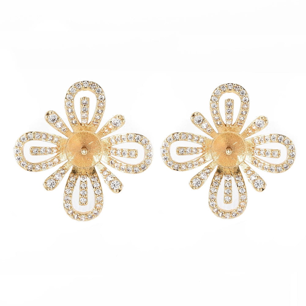 Brass Micro Pave Clear Cubic Zirconia Stud Earrings Findings for Half Drilled Bead Nickel Free Real 18K Gold PlatedPin: 1mm(for Half Drilled Beads)