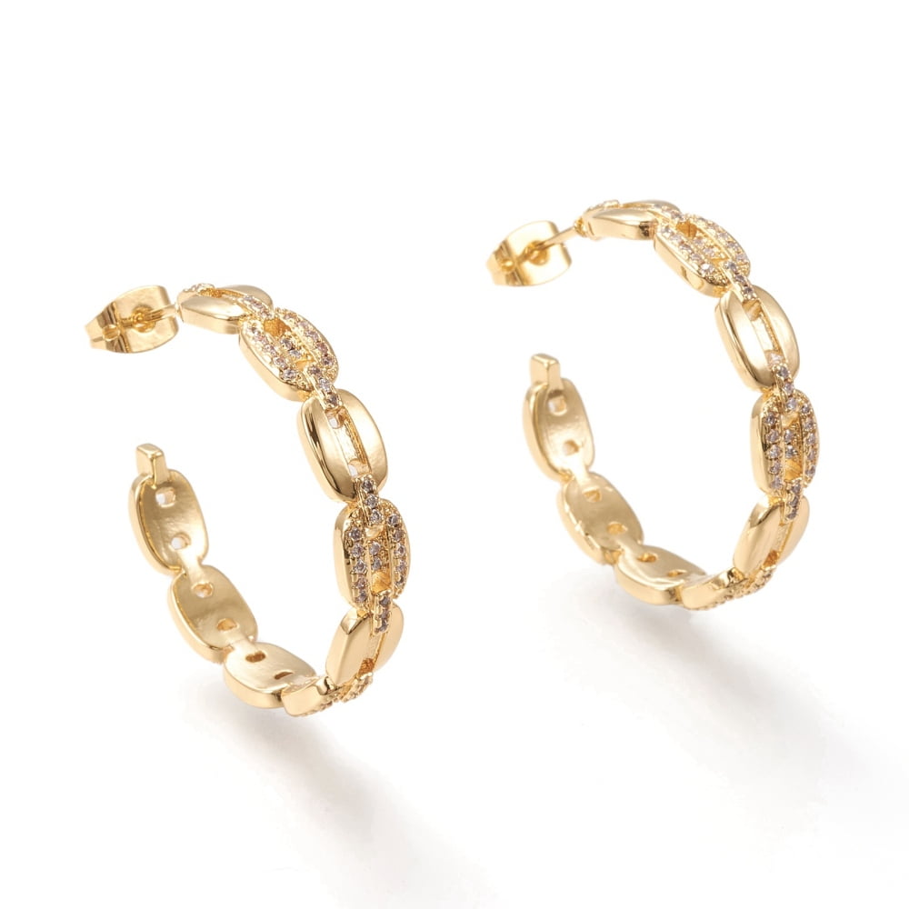 Brass Micro Pave Clear Cubic Zirconia Stud Earrings Half Hoop Earrings with Ear Nuts Long-Lasting Plated Coffee Bean Chain Shape Real 18K Gold Plated 31x5mm Pin: 0.7mm