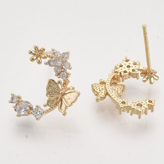Brass Micro Pave Clear Cubic Zirconia Stud Earrings Half Hoop Earrings Nickel Free Flower with Butterfly Real 18K Gold Plated 14x13mm Pin: 0.8mm