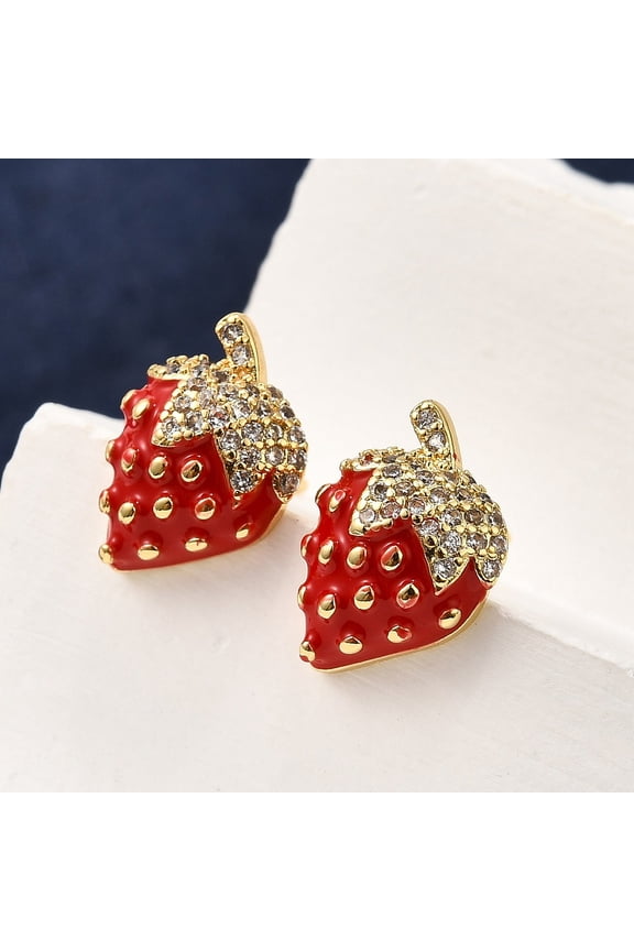 Brass Micro Pave Clear Cubic Zirconia Stud Earrings with Enamel Strawberry Real 18K golden Plated 13x9mm