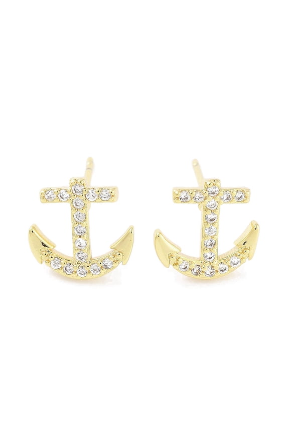 Brass Micro Pave Clear Cubic Zirconia Studs Earring Anchor Anchor & Helm 9.5x10mm