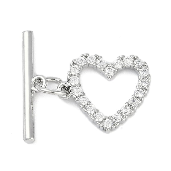 Brass Micro Pave Clear Cubic Zirconia Toggle Clasps Cadmium Free & Nickel Free & Lead Free Heart Platinum Heart: 12x14x2mm Hole: 1.2mm Bar: 17.5x4x1.5mm Hole: 1.5mm