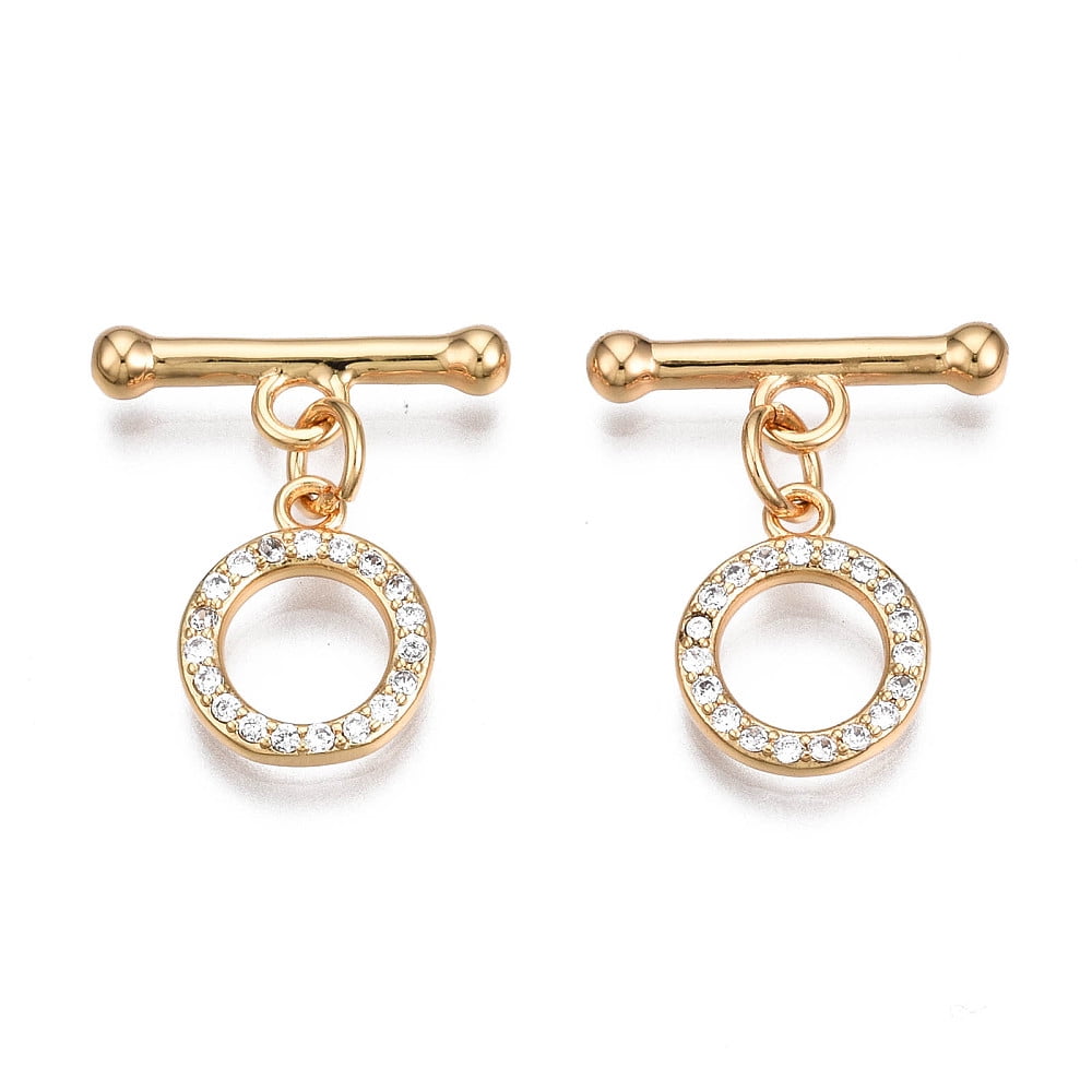 Brass Micro Pave Clear Cubic Zirconia Toggle Clasps Nickel Free Ring Real 18K Gold Plated Ring: 12.5x10.5x2mm Bar: 17x6x3mm Jump Ring: 5x1mm