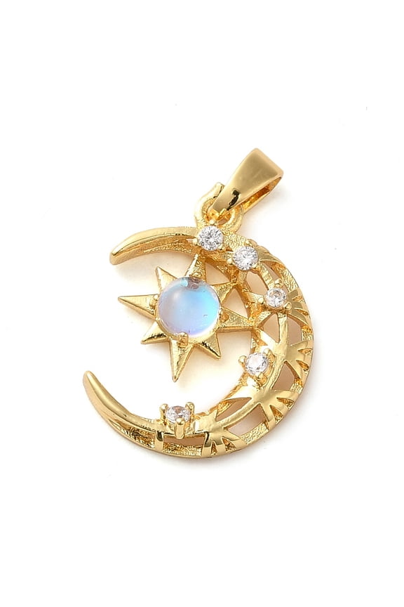 Brass Micro Pave Clear Cubic Zirconia with Glass Pendants Moon & Star Charms Real 18K golden Plated 19x14.5x3mm Hole: 3x4mm