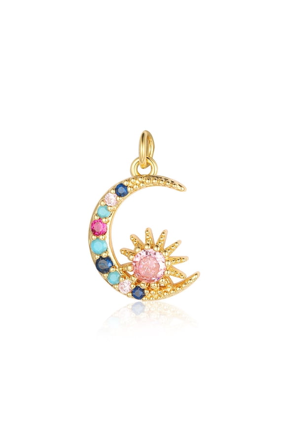 Brass Micro Pave Colorful Cubic Zirconia Pendants Moon Charms Real 18K Gold Plated 21x16x3.6mm