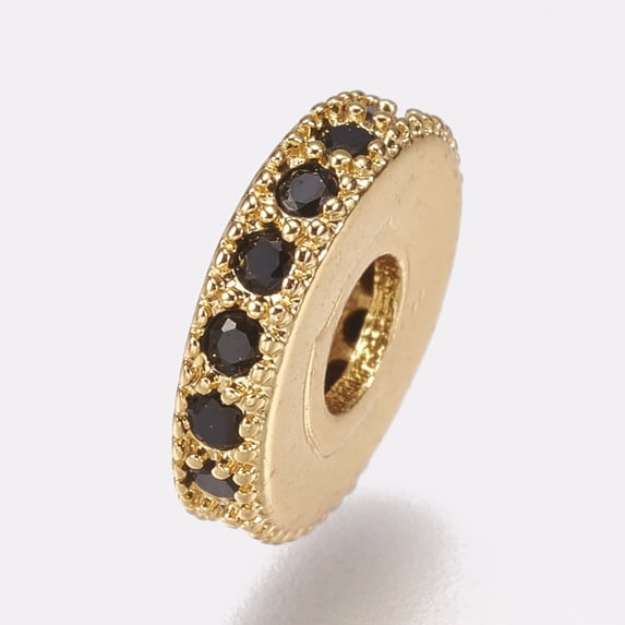 Brass Micro Pave Cubic Zirconia Bead Spacers Flat Round Black Golden 8x2mm Hole: 3mm Brass+Cubic Zirconia