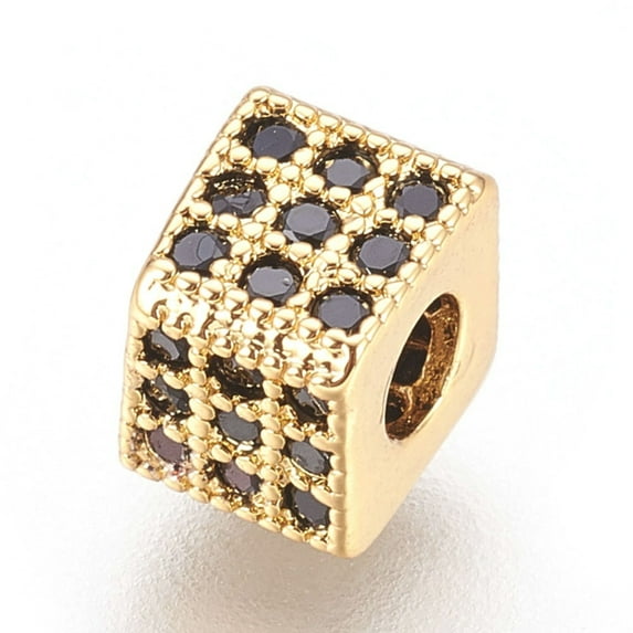 Brass Micro Pave Cubic Zirconia Beads Cube Black Real 18K Gold Plated 5x5.5x5.5mm Hole: 2.5mm