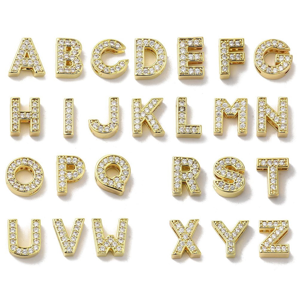 Brass Micro Pave Cubic Zirconia Beads Long-Lasting Plated Real 18K golden Plated Alphabet Letter A-Z 12-12.5x8-12.5x4.5-5mm Hole: 8.5-9.5x2mm