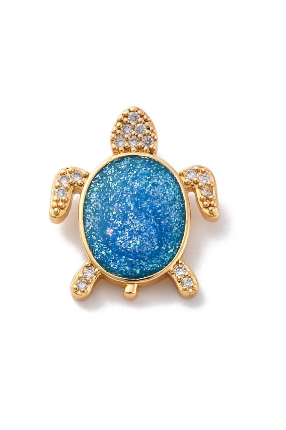 Brass Micro Pave Cubic Zirconia Beads Sea Turtle Charms with Enamel and Glitter Sequins Rack Plating Long-Lasting Plated Lead Free & Cadmium Free Real 18K Gold Plated 18.5x16x5.5mm Hole: 3.5x2mm