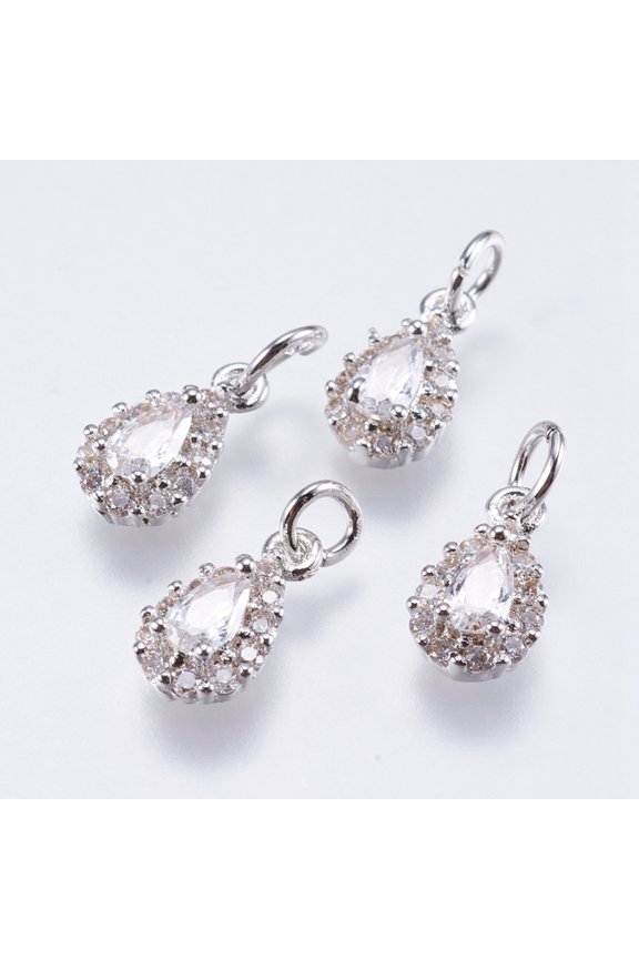 Brass Micro Pave Cubic Zirconia Charms Cadmium Free & Lead Free teardrop Real Platinum Plated 11x6x3.5mm Hole: 3mm