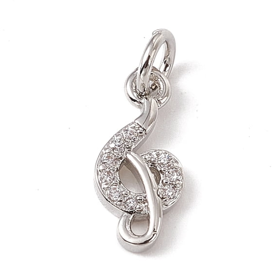 Brass Micro Pave Cubic Zirconia Charms Cadmium Free & Lead Free with Jump Rings Music Note Charms Platinum 12.5x5.5x2mm Hole: 2.7mm