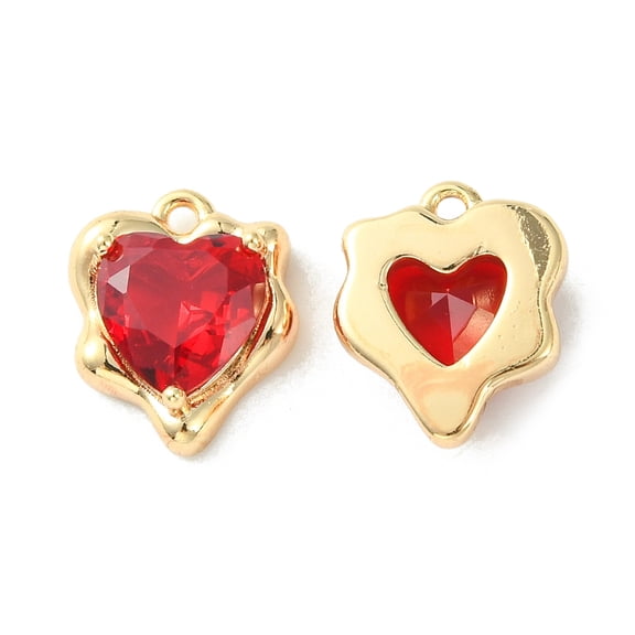 Brass Micro Pave Cubic Zirconia Charms Cadmium Free Nickel Free Lead Free Heart Charm Real 18K golden Plated Red 13x11x4.5mm Hole: 1.2mm