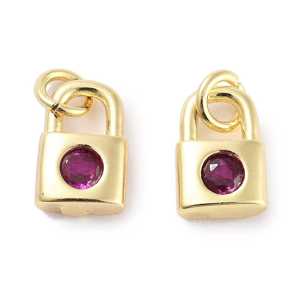 Brass Micro Pave Cubic Zirconia Charms Cadmium Free Nickel Free Lead Free with Jump Ring Lock Real 18K Gold Plated Medium Violet Red 9x5.5x2.5mm