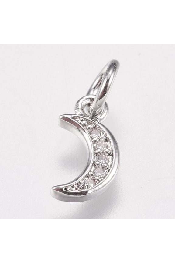 Brass Micro Pave Cubic Zirconia Charms Moon Platinum 9x5x1mm Hole: 3.5mm