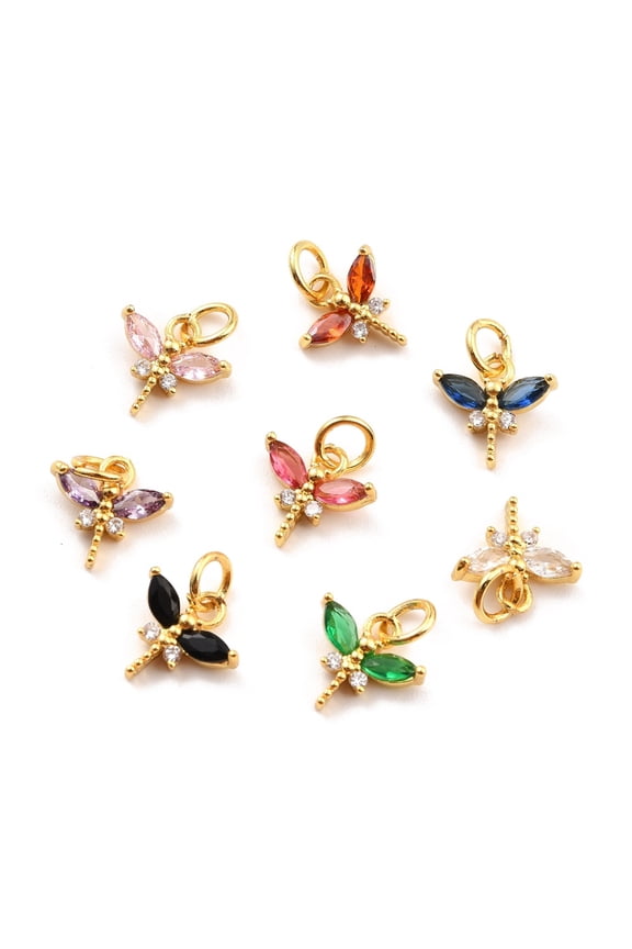 Brass Micro Pave Cubic Zirconia Charms Real 18K Gold Plated Cadmium Free & Lead Free Autumn Pendants Dragonfly Mixed Color 10x10.5x3mm Hole: 3.8mm
