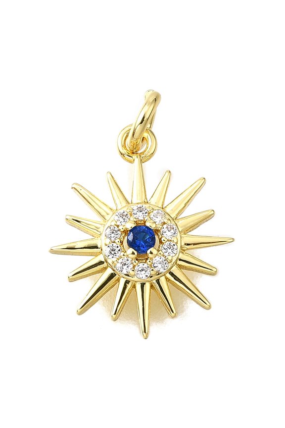 Brass Micro Pave Cubic Zirconia Charms Sun Charms Rack Plating Long-Lasting Plated with Jump Ring Real 18K Gold Plated 13.5x11.5x2.5mm Hole: 2.4mm