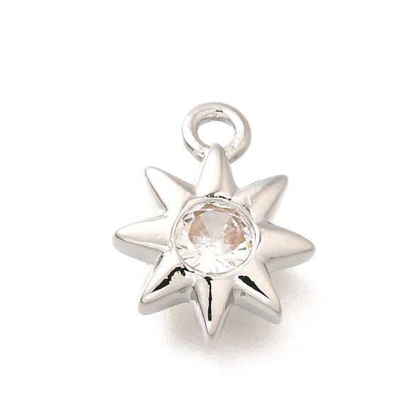 Brass Micro Pave Cubic Zirconia Charms Sun Platinum 11x9x2.5mm Hole: 1.4mm