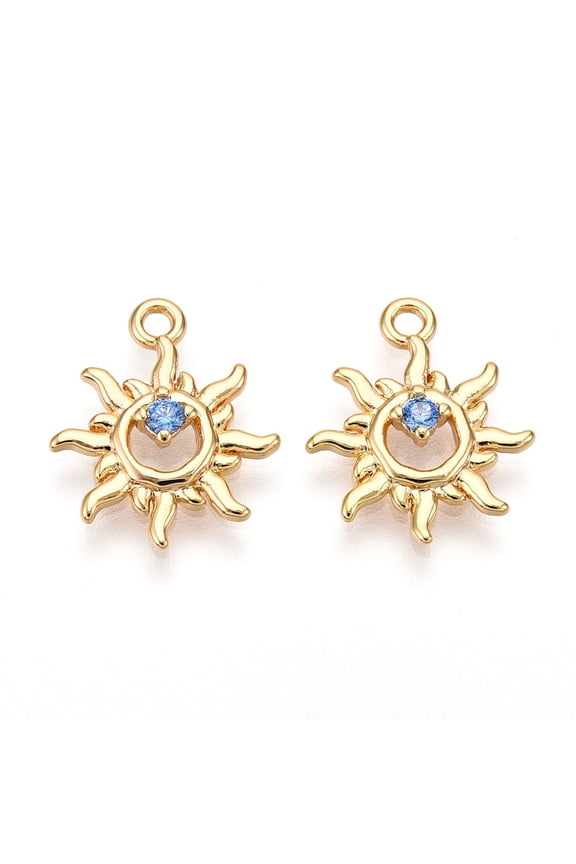Brass Micro Pave Cubic Zirconia Charms Sun Real 18K golden Plated 15x12x2.5mm Hole: 1.2mm