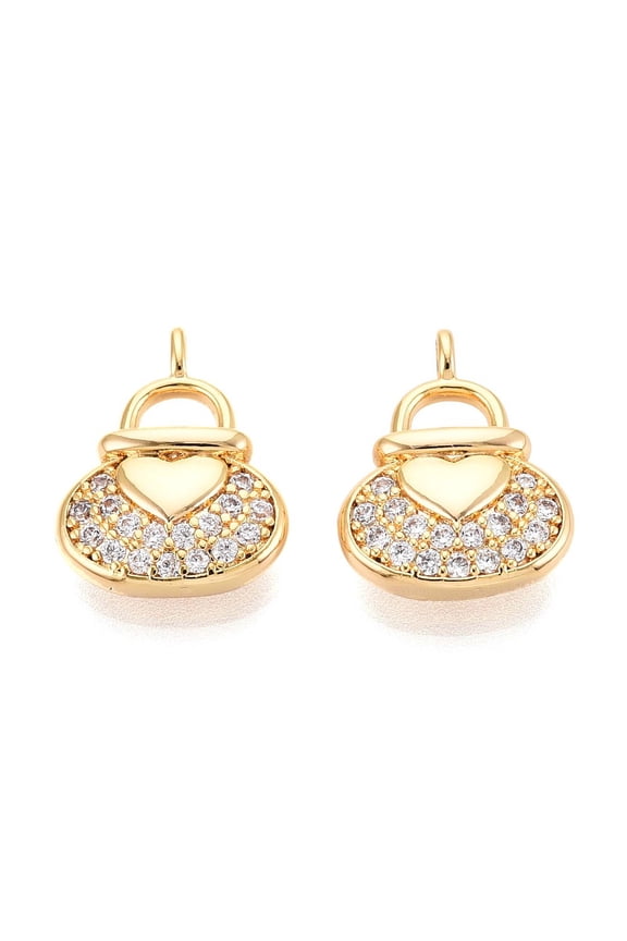 Brass Micro Pave Cubic Zirconia Charms bag with Heart Long-Lasting Plated Nickel Free Real 18K golden Plated 14x11x3.5~4mm Hole: 1.2mm