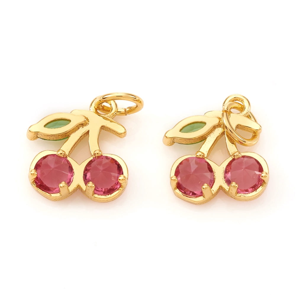 Brass Micro Pave Cubic Zirconia Charms with Jump Rings Cherry Cerise & Green Real 18K Gold Plated 10x8x2.5mm Jump Ring: 4x0.6mm Hole: 2.5mm