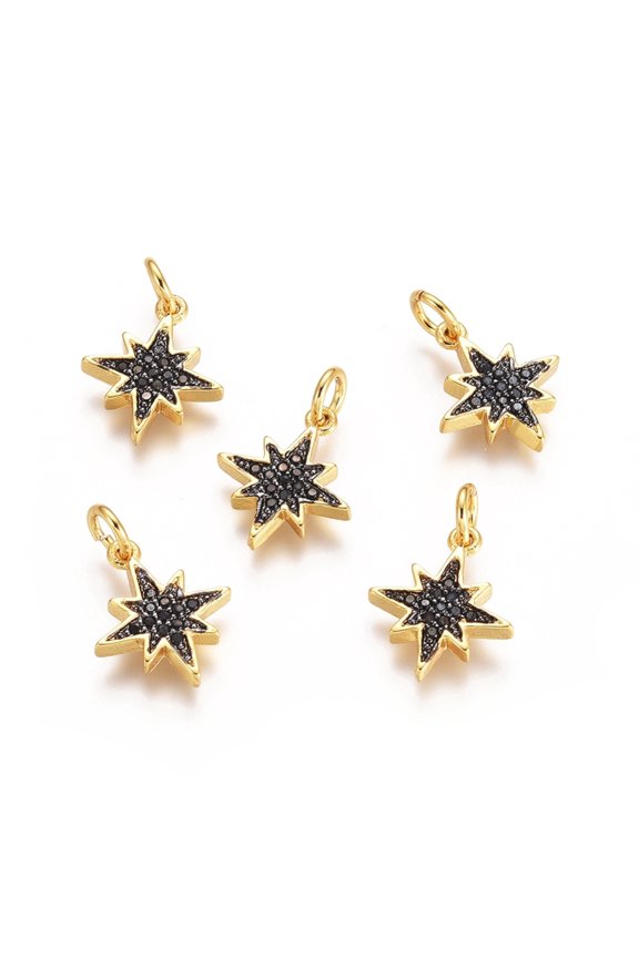 Brass Micro Pave Cubic Zirconia Charms with Jump Rings Twinkling Star Black Gunmetal Golden 14x12x2mm Hole: 3mm