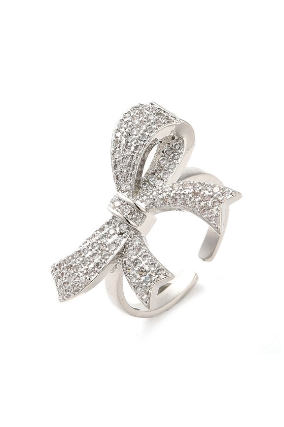 Brass Micro Pave Cubic Zirconia Cuff Rings Bowknot Platinum Inner Diameter: 17mm