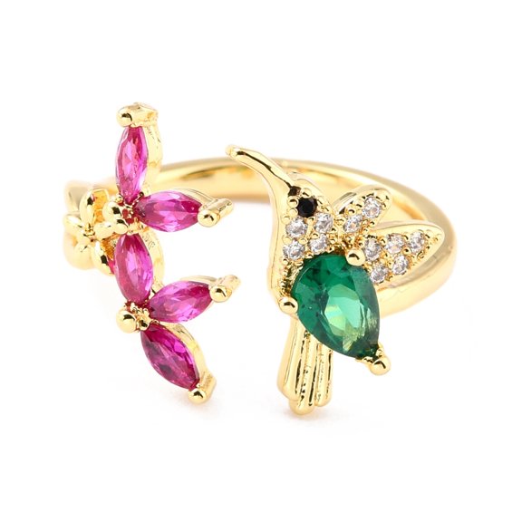 Brass Micro Pave Cubic Zirconia Cuff Rings Open Rings Bird & Flower Real 18K golden Plated Colorful US Size 5 3/4(16.3mm) 2~15mm