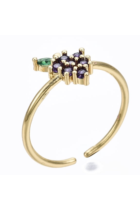 Brass Micro Pave Cubic Zirconia Cuff Rings Open Rings Cadmium Free & Nickel Free & Lead Free Grape Dark Slate Blue Golden Size 7 1/4(17.5mm)