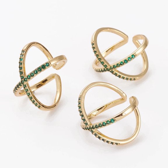 Brass Micro Pave Cubic Zirconia Cuff Rings Open Rings Criss Rings Double Rings X Rings Long-Lasting Plated Golden Green Size 7 1/4(17.5mm)