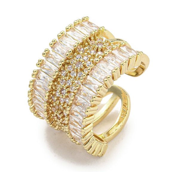 Brass Micro Pave Cubic Zirconia Cuff Rings Wide Band Open Ring for Women Long-Lasting Plated Golden Adjustable