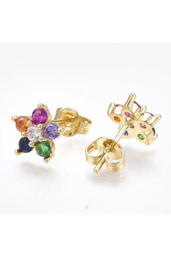 Brass Micro Pave Cubic Zirconia Ear Studs Flower Real 18K golden Plated 8.5x9x2.5mm Pin: 0.7mm