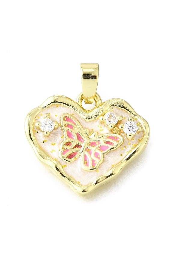 Brass Micro Pave Cubic Zirconia Enamel Pendants Heart with Butterfly Long-Lasting Plated Lead Free & Cadmium Free Rack Plating Pink 15.5x18x3.5mm Hole: 5x3mm