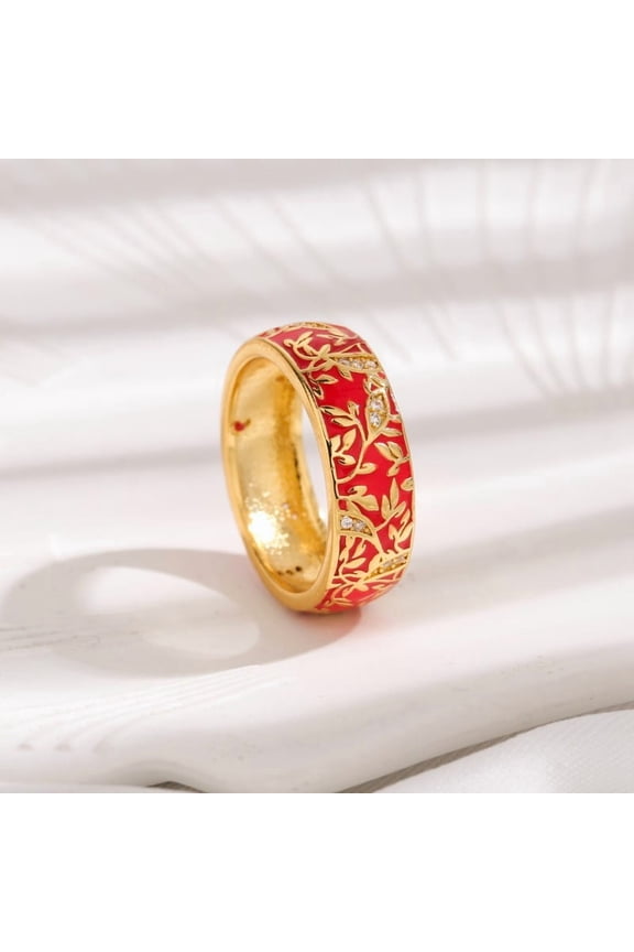 Brass Micro Pave Cubic Zirconia Finger Rings with Enamel Flower Pattern Red Size 8(18.1mm) DIY