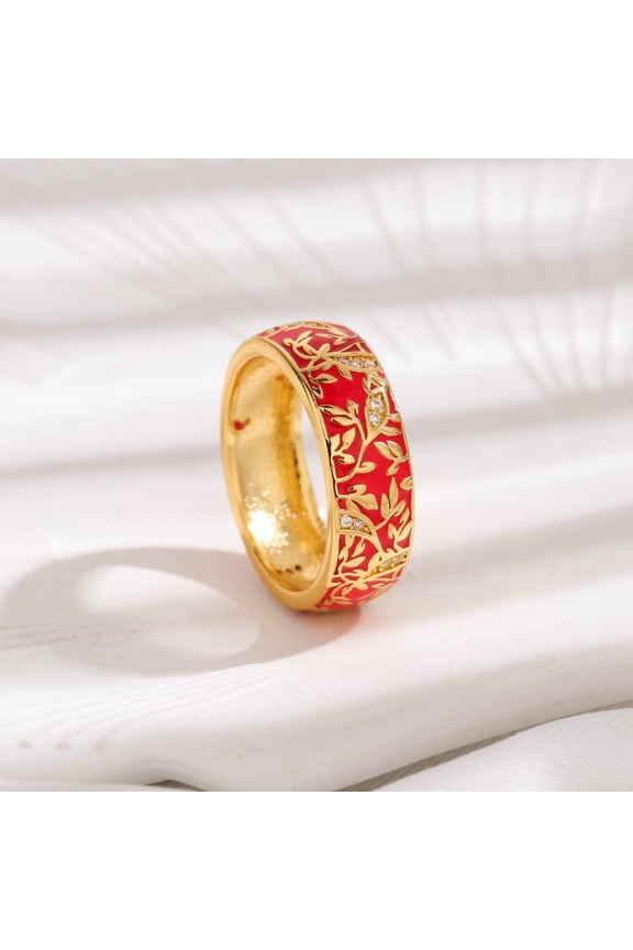 Brass Micro Pave Cubic Zirconia Finger Rings with Enamel Flower Pattern Red Size 8(18.1mm)