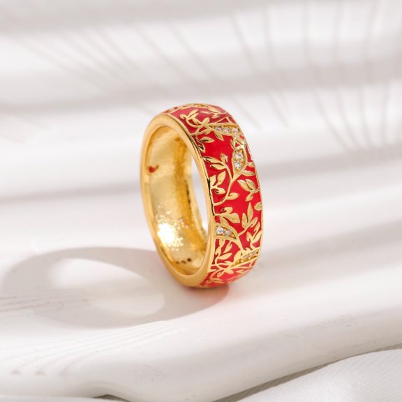 Brass Micro Pave Cubic Zirconia Finger Rings with Enamel Flower Pattern Red Size 8(18.1mm)