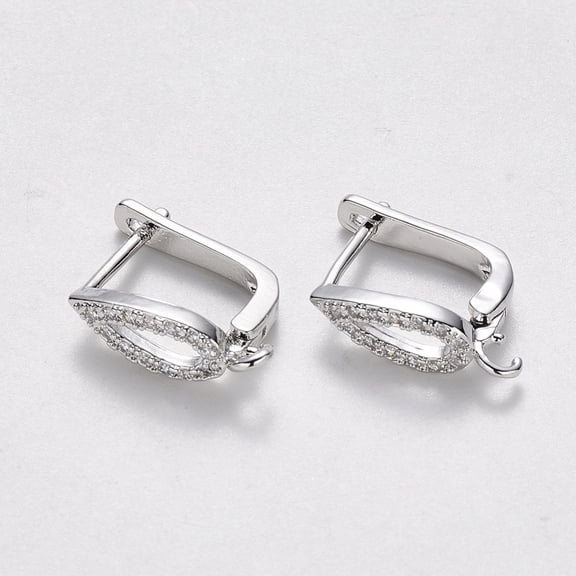 Brass Micro Pave Cubic Zirconia Hoop Earring Findings with Latch Back Closure Nickel Free with Horizontal Loop Teardrop Real Platinum Plated
