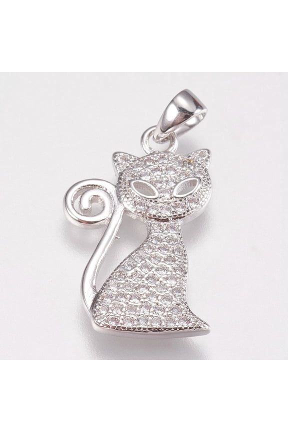 Brass Micro Pave Cubic Zirconia Kitten Pendants Cartoon Cat Shape Platinum 20.5x13x2mm Hole: 2.5x4mm