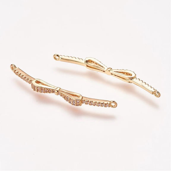 Brass Micro Pave Cubic Zirconia Links Bowknot Golden 39x3x3.5mm Hole: 1mm 5pcs