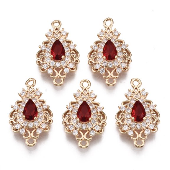 Brass Micro Pave Cubic Zirconia Links Connectors with Glass Long-Lasting Plated Teardrop Light Gold Red 20x12x5mm Hole: 1.4mm